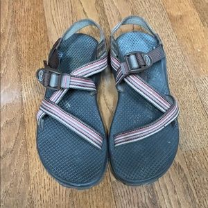 Pink and brown Chacos